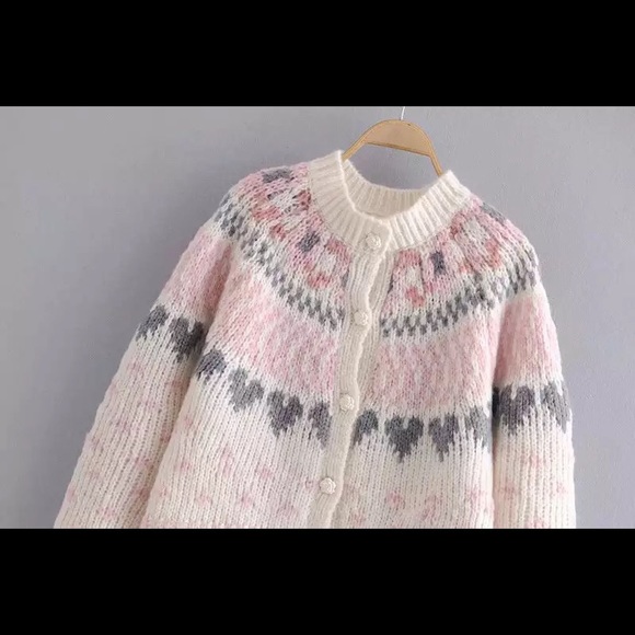 Cardigan sweater heart pink white rose button knit boho women thick - Picture 6 of 7